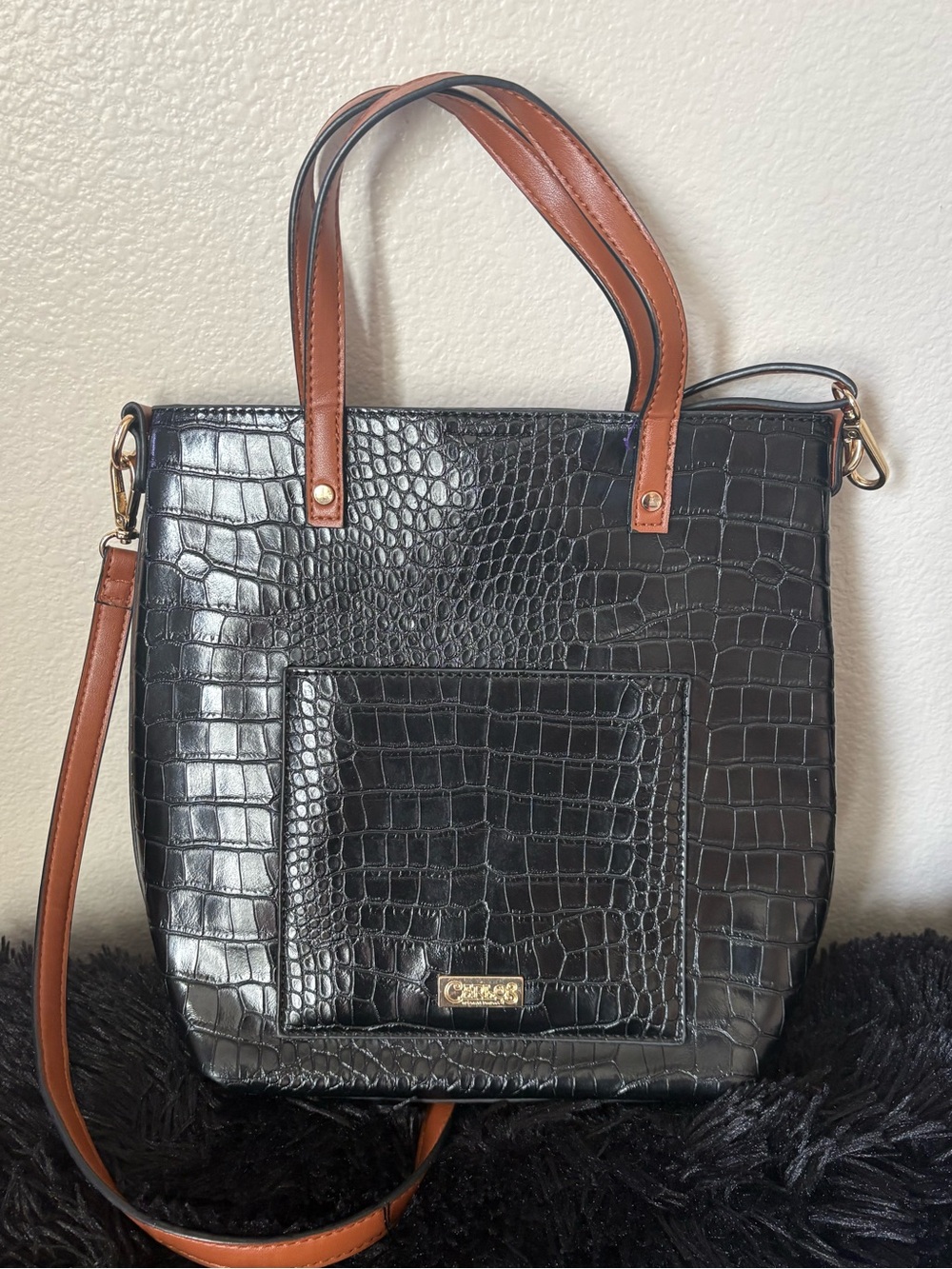 Carlos by Carlos Santana Black Croc-Embossed Tote with Brown Handles